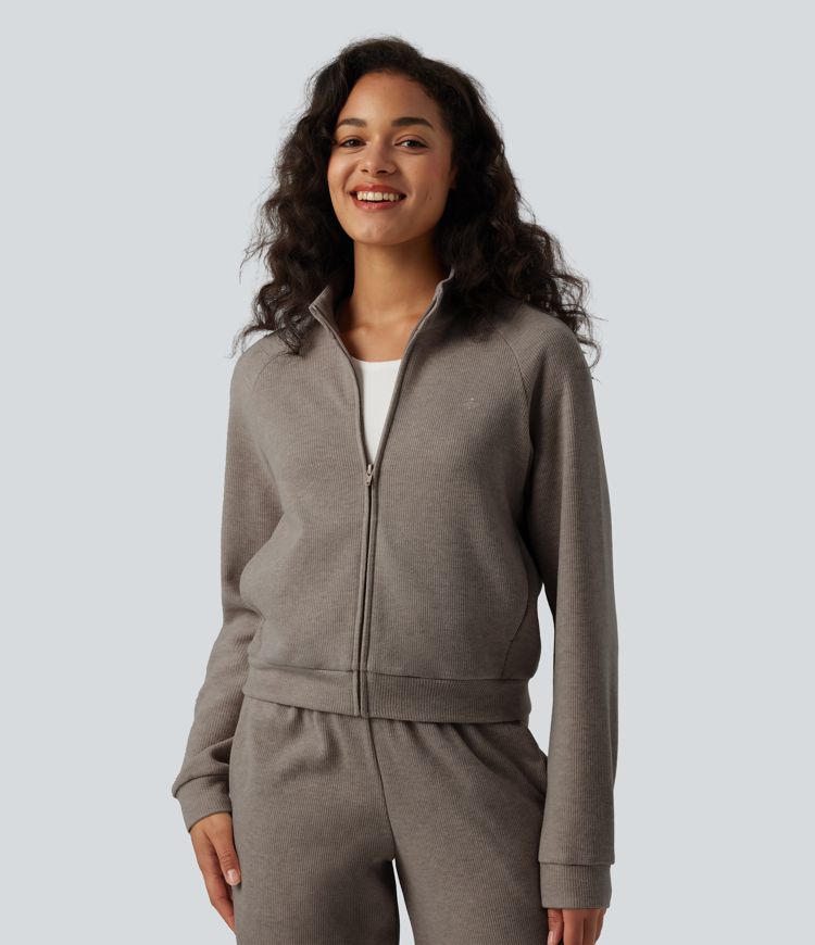 Ribbed Stand Collar Long Sleeve Zipper Casual Jacket with Pockets