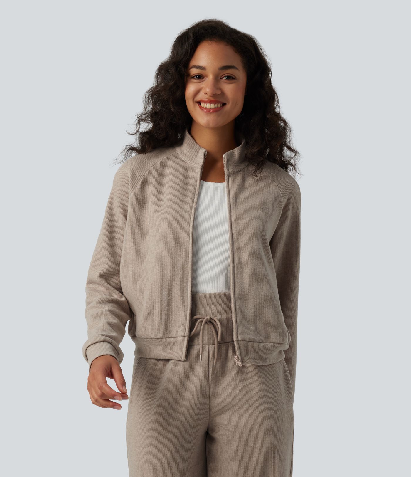 Ribbed Stand Collar Long Sleeve Zipper Casual Jacket with Pockets