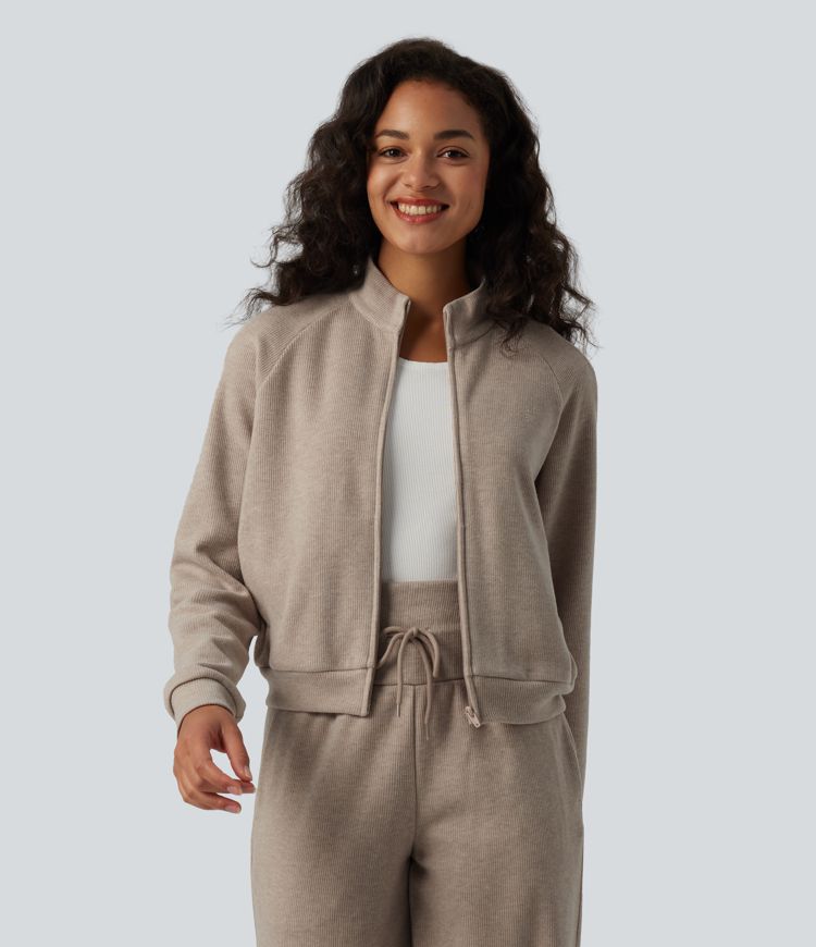 Ribbed Stand Collar Long Sleeve Zipper Casual Jacket with Pockets