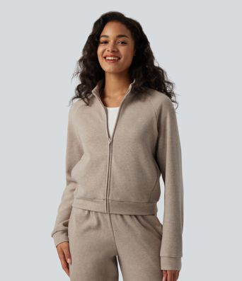 Ribbed Stand Collar Long Sleeve Zipper Casual Jacket with Pockets