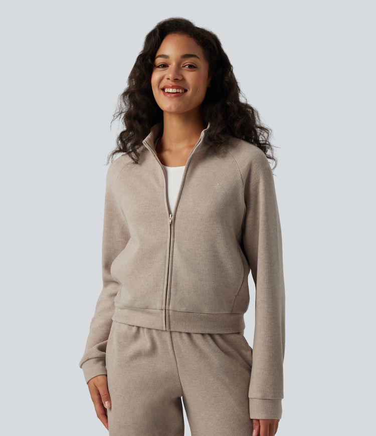 Ribbed Stand Collar Long Sleeve Zipper Casual Jacket with Pockets