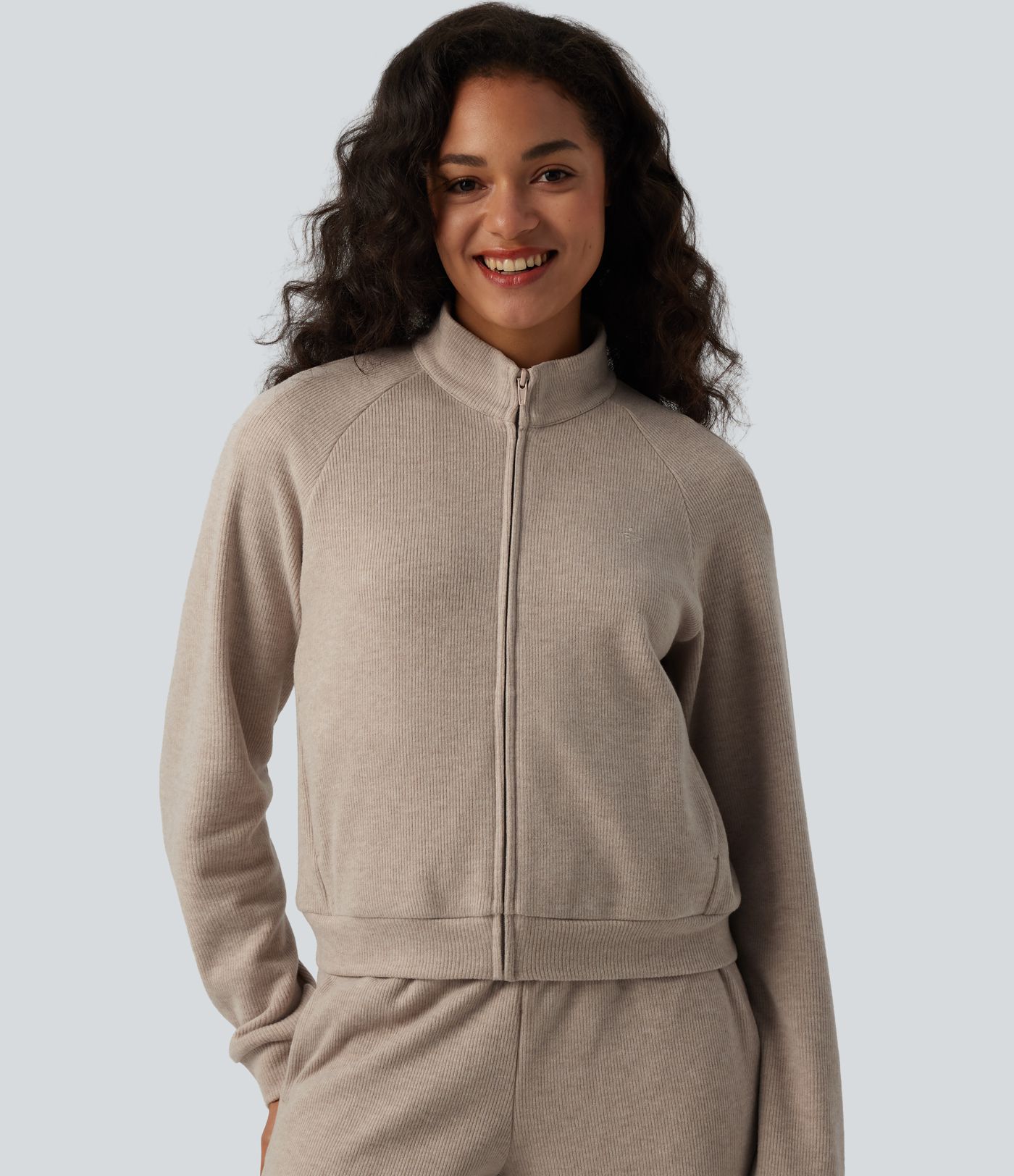 Ribbed Stand Collar Long Sleeve Zipper Casual Jacket with Pockets