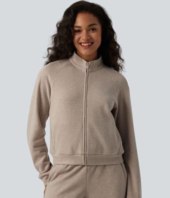 Ribbed Stand Collar Long Sleeve Zipper Casual Jacket with Pockets