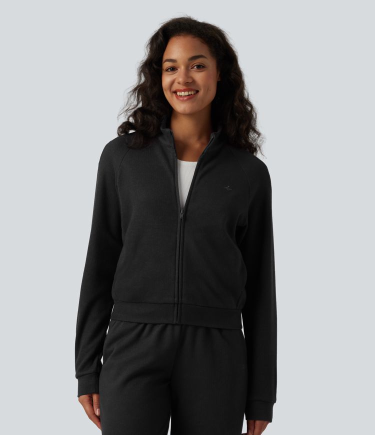 Ribbed Stand Collar Long Sleeve Zipper Casual Jacket with Pockets