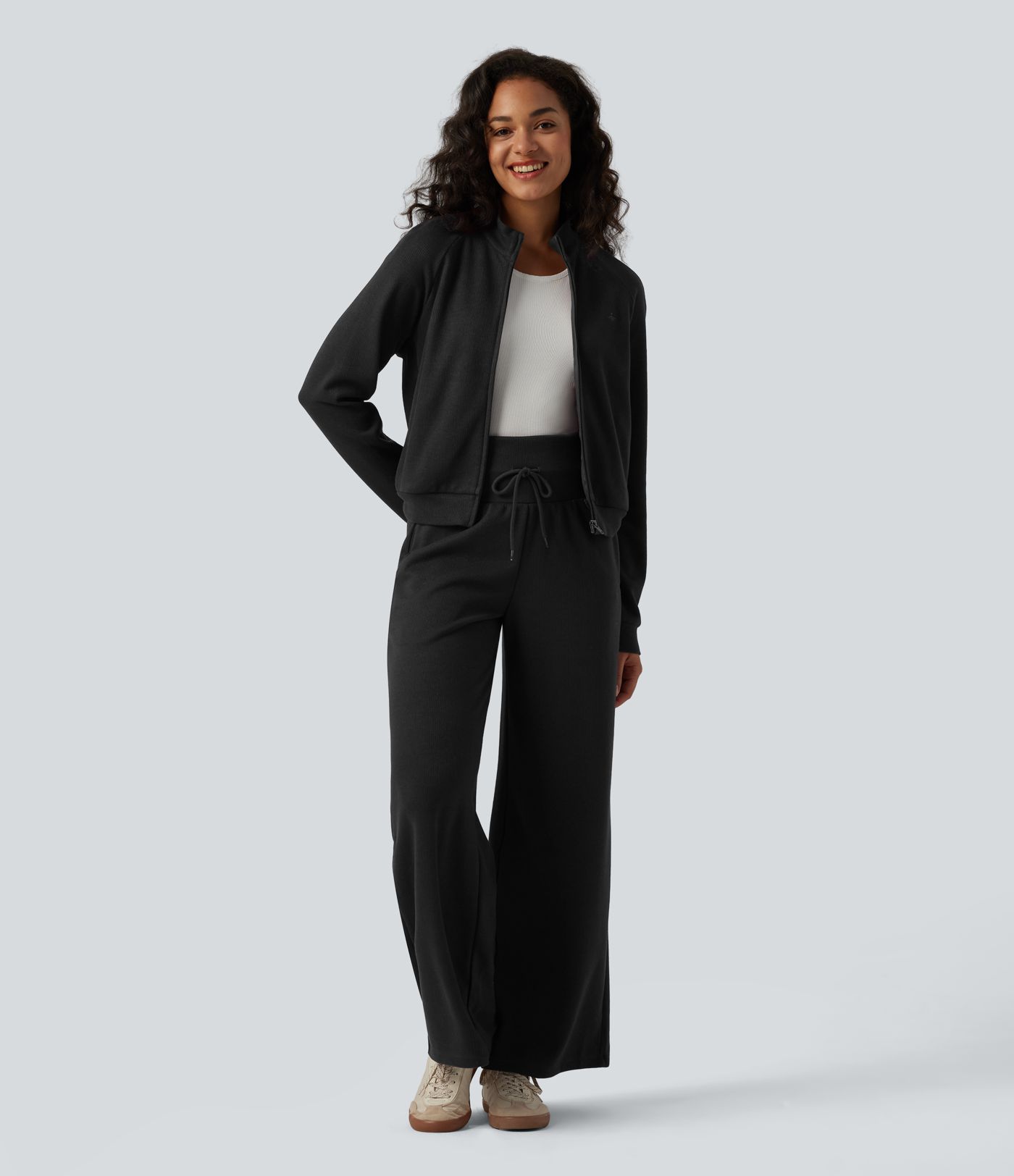 Ribbed Stand Collar Long Sleeve Zipper Casual Jacket with Pockets