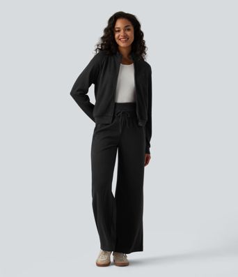 Ribbed Stand Collar Long Sleeve Zipper Casual Jacket with Pockets