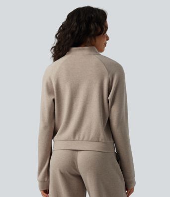 Ribbed Stand Collar Long Sleeve Zipper Casual Jacket with Pockets