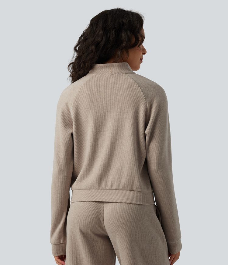 Ribbed Stand Collar Long Sleeve Zipper Casual Jacket with Pockets