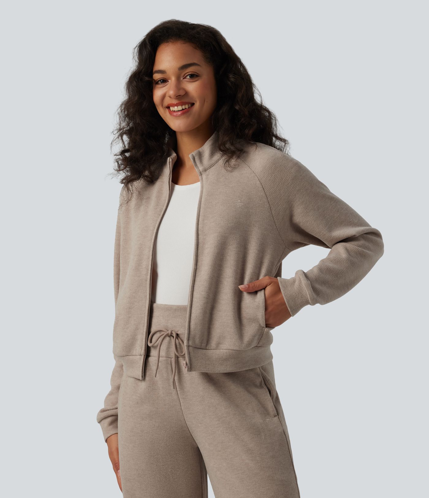 Ribbed Stand Collar Long Sleeve Zipper Casual Jacket with Pockets