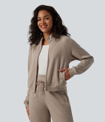 Ribbed Stand Collar Long Sleeve Zipper Casual Jacket with Pockets