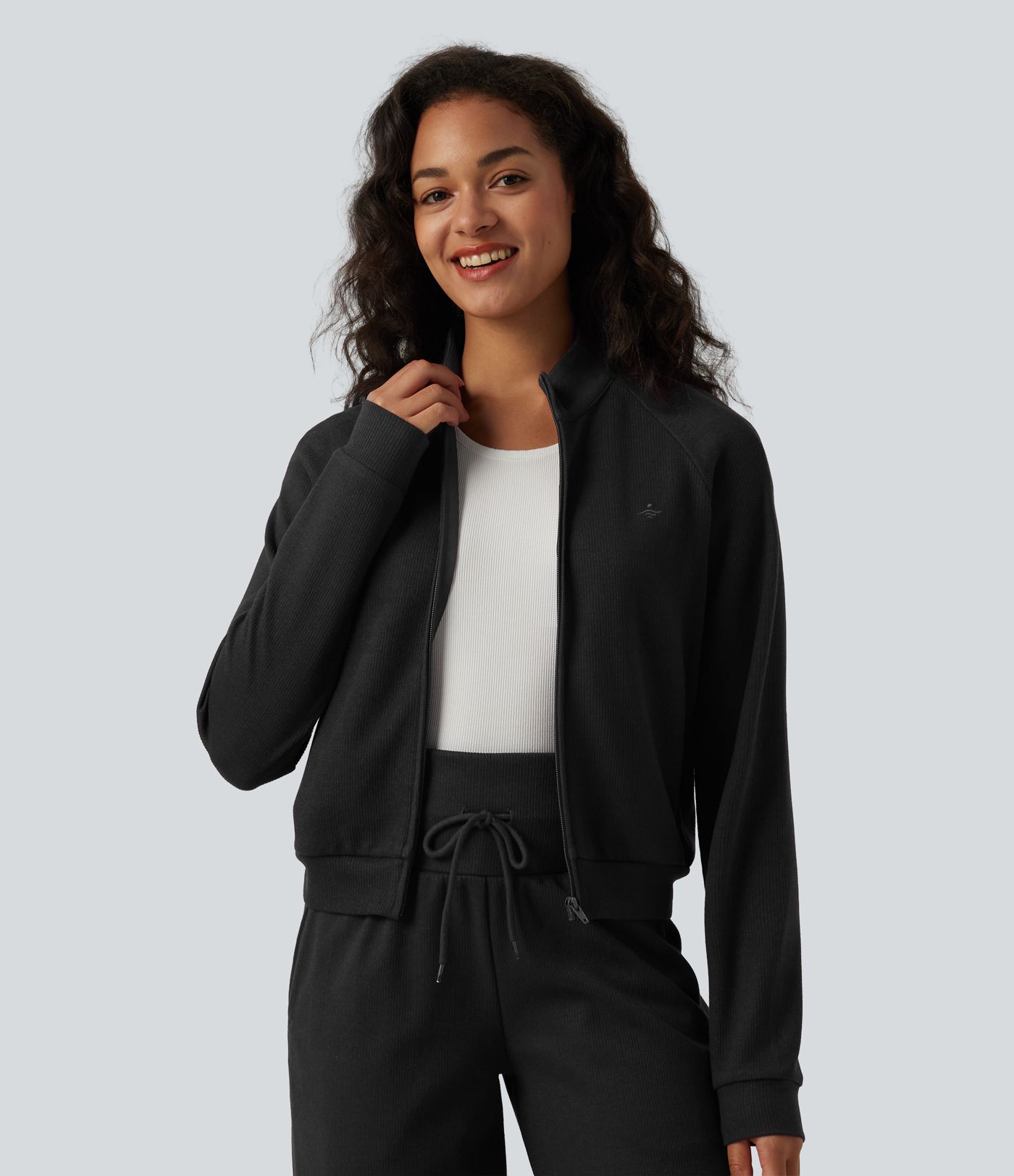 Ribbed Stand Collar Long Sleeve Zipper Casual Jacket with Pockets