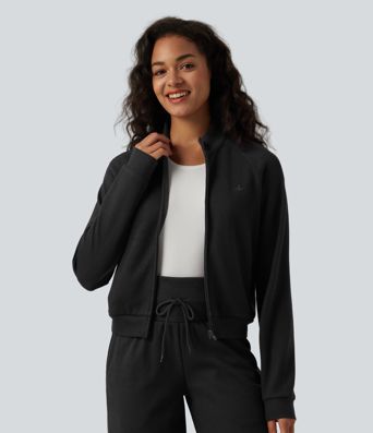 Ribbed Stand Collar Long Sleeve Zipper Casual Jacket with Pockets