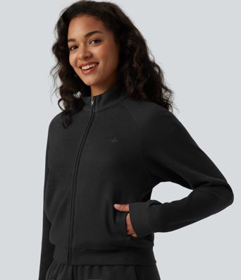 Ribbed Stand Collar Long Sleeve Zipper Casual Jacket with Pockets