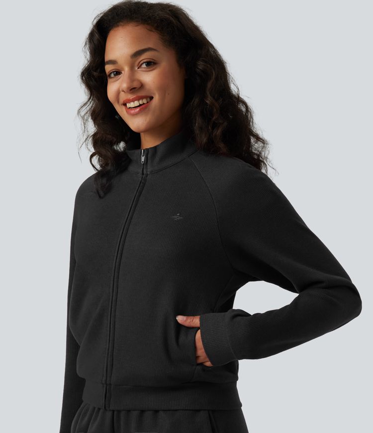 Ribbed Stand Collar Long Sleeve Zipper Casual Jacket with Pockets