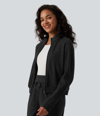 Ribbed Stand Collar Long Sleeve Zipper Casual Jacket with Pockets