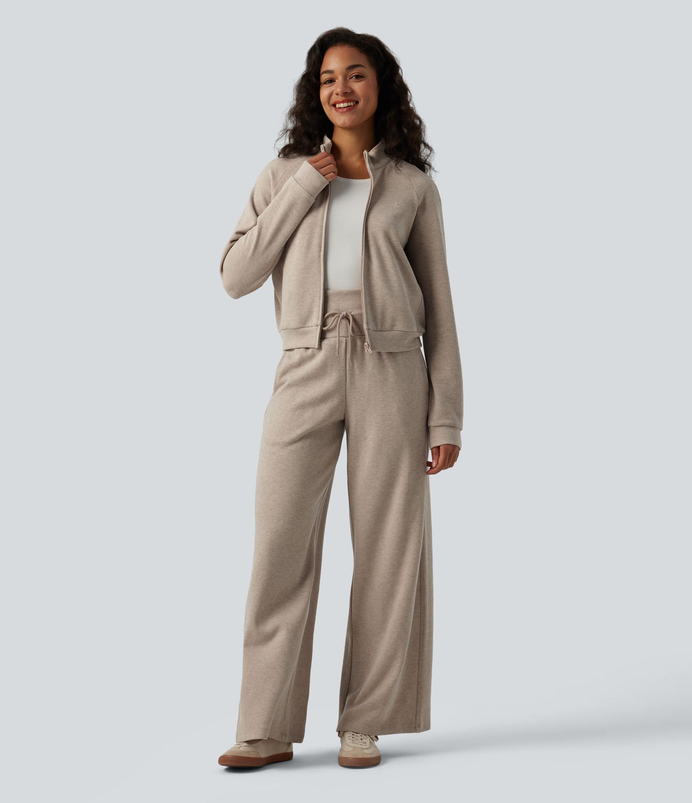 Ribbed Stand Collar Long Sleeve Zipper Casual Jacket with Pockets