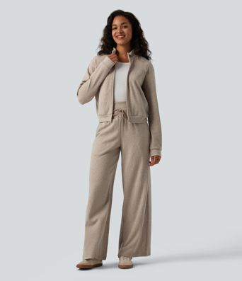 Ribbed Stand Collar Long Sleeve Zipper Casual Jacket with Pockets