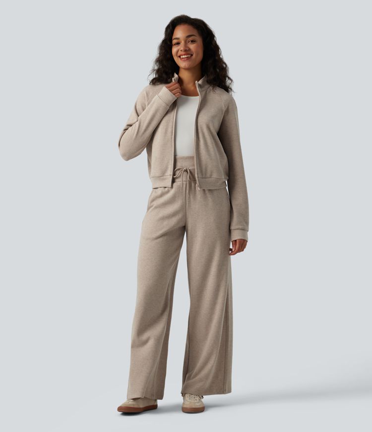 Ribbed Stand Collar Long Sleeve Zipper Casual Jacket with Pockets