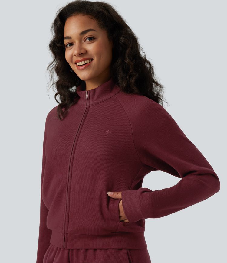 Ribbed Stand Collar Long Sleeve Zipper Casual Jacket with Pockets