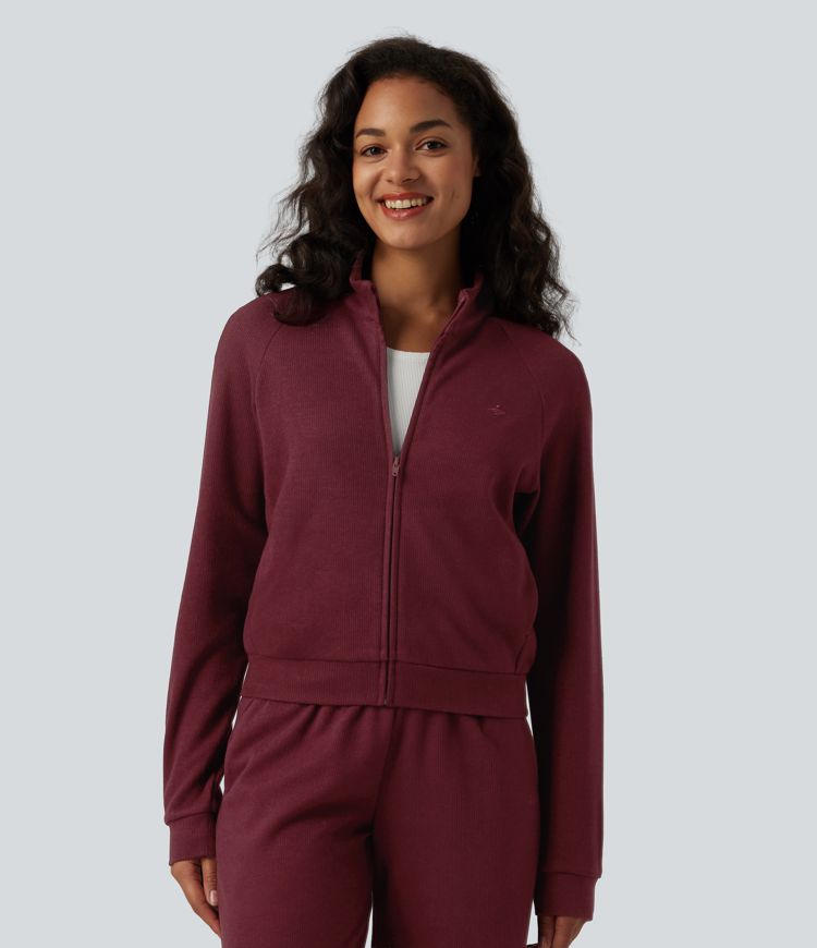 Ribbed Stand Collar Long Sleeve Zipper Casual Jacket with Pockets