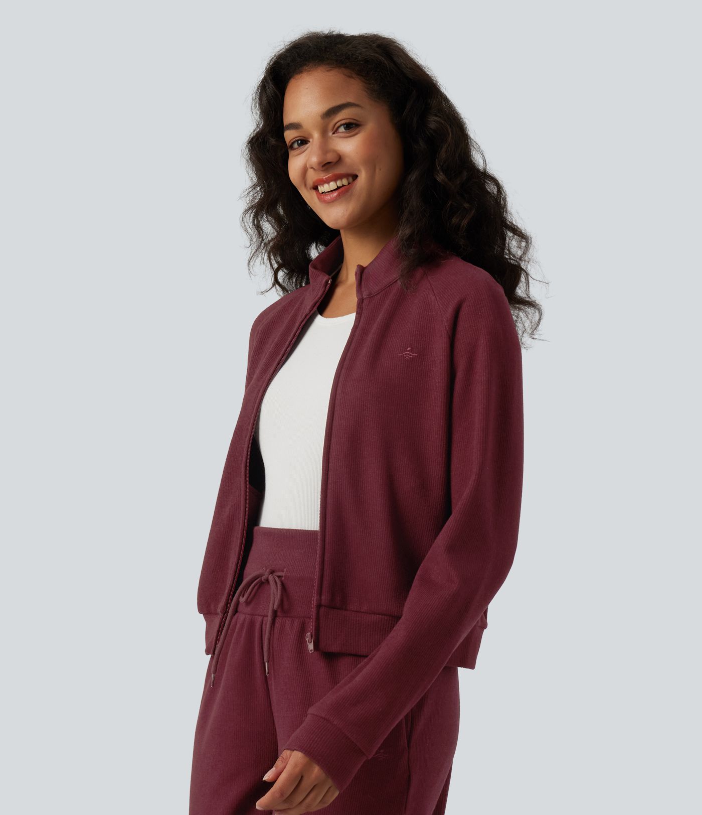 Ribbed Stand Collar Long Sleeve Zipper Casual Jacket with Pockets