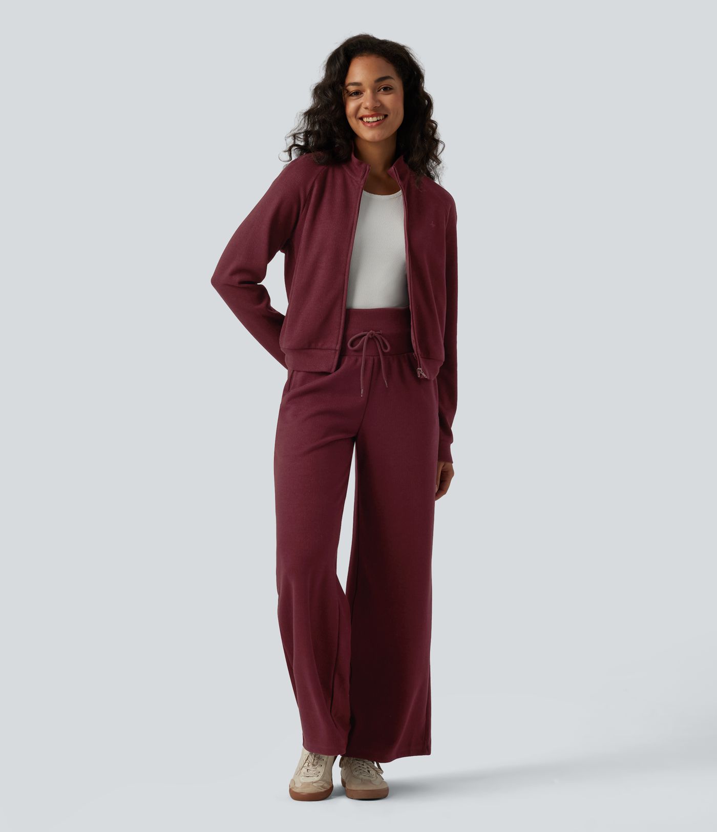 Ribbed Stand Collar Long Sleeve Zipper Casual Jacket with Pockets