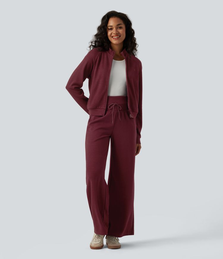 Ribbed Stand Collar Long Sleeve Zipper Casual Jacket with Pockets