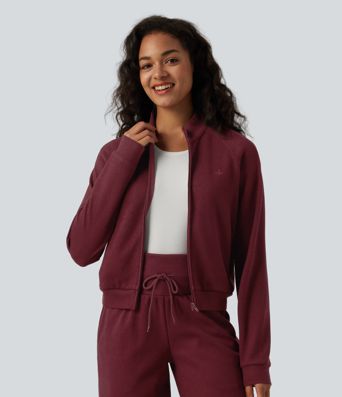 Ribbed Stand Collar Long Sleeve Zipper Casual Jacket with Pockets