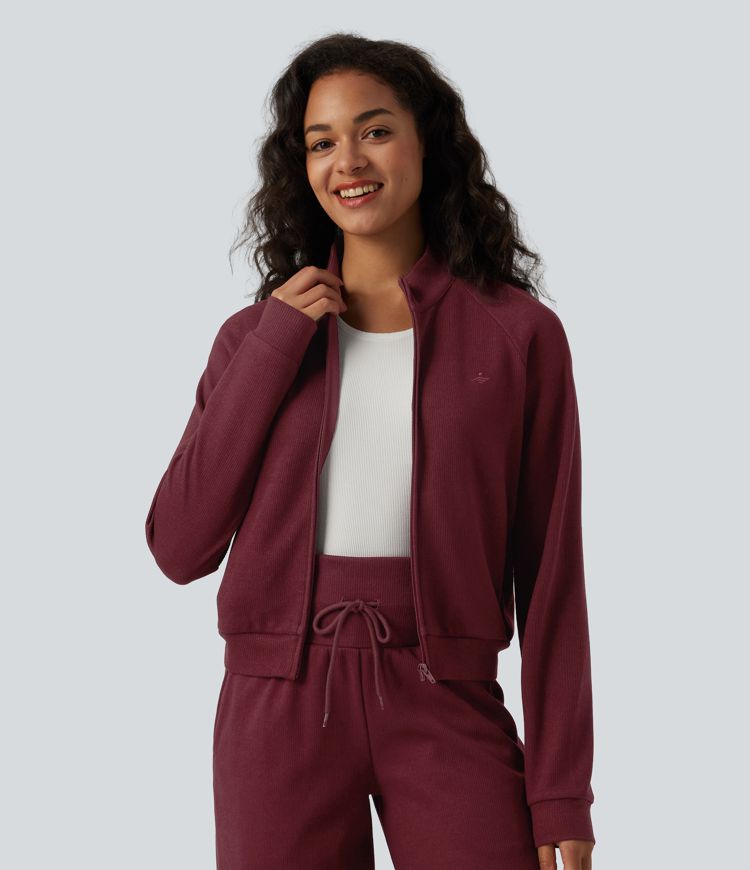 Ribbed Stand Collar Long Sleeve Zipper Casual Jacket with Pockets