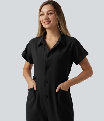 Short Sleeve Casual Jumpsuit with Pockets