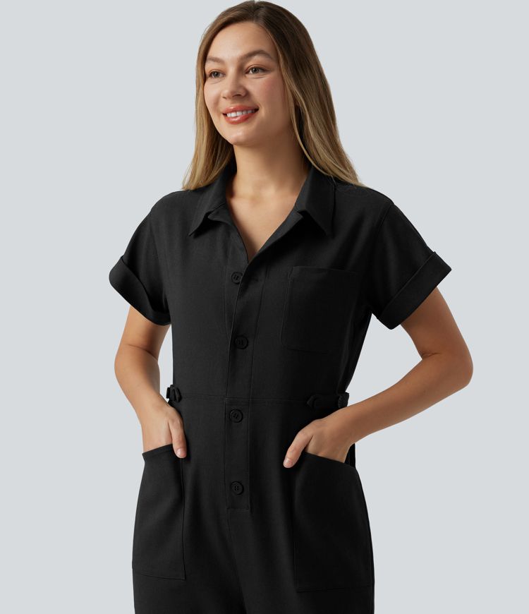 Short Sleeve Casual Jumpsuit with Pockets