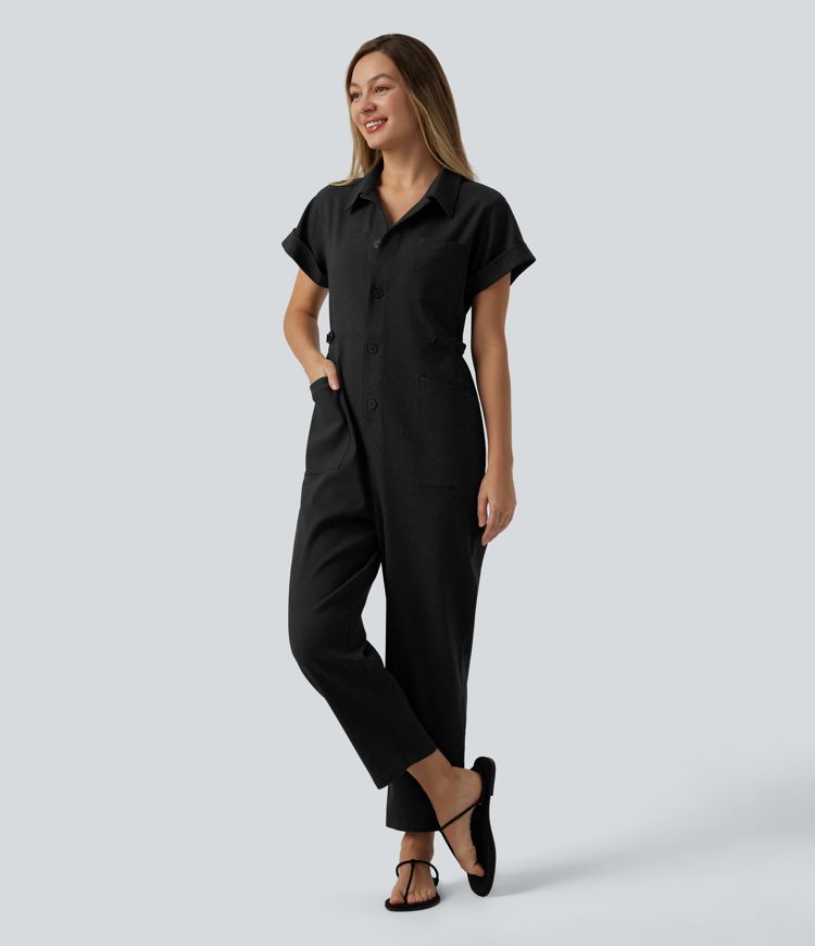 Short Sleeve Casual Jumpsuit with Pockets