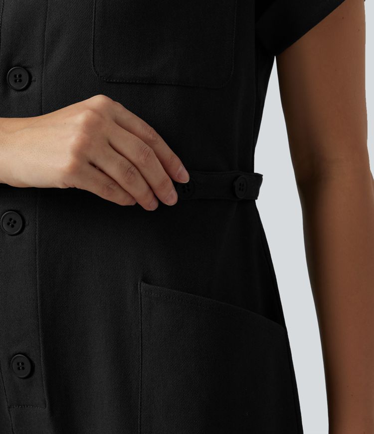 Short Sleeve Casual Jumpsuit with Pockets