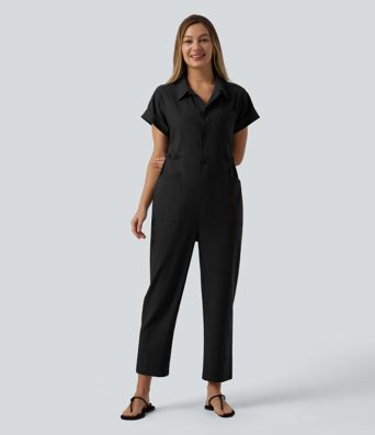 Short Sleeve Casual Jumpsuit with Pockets