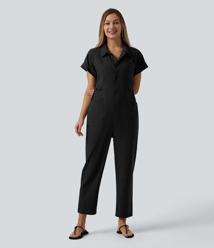 Short Sleeve Casual Jumpsuit with Pockets