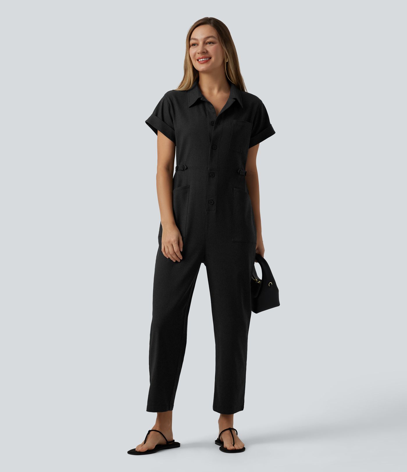 Short Sleeve Casual Jumpsuit with Pockets