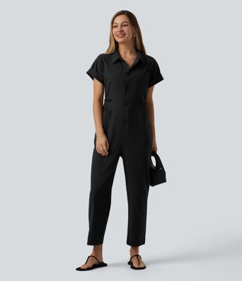 Short Sleeve Casual Jumpsuit with Pockets