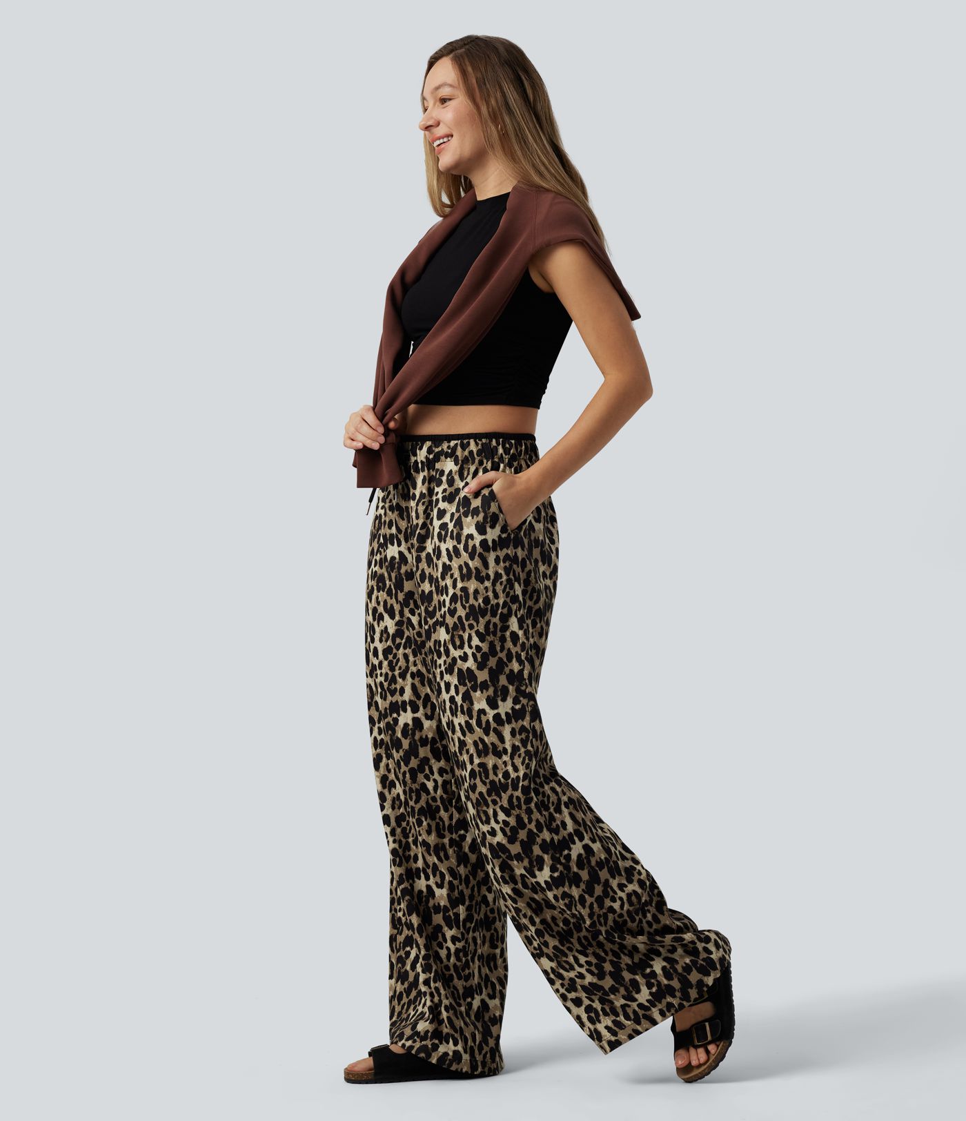 Low Rise Drawsting Wide Leg Leopard Print Casual Trousers with Pockets