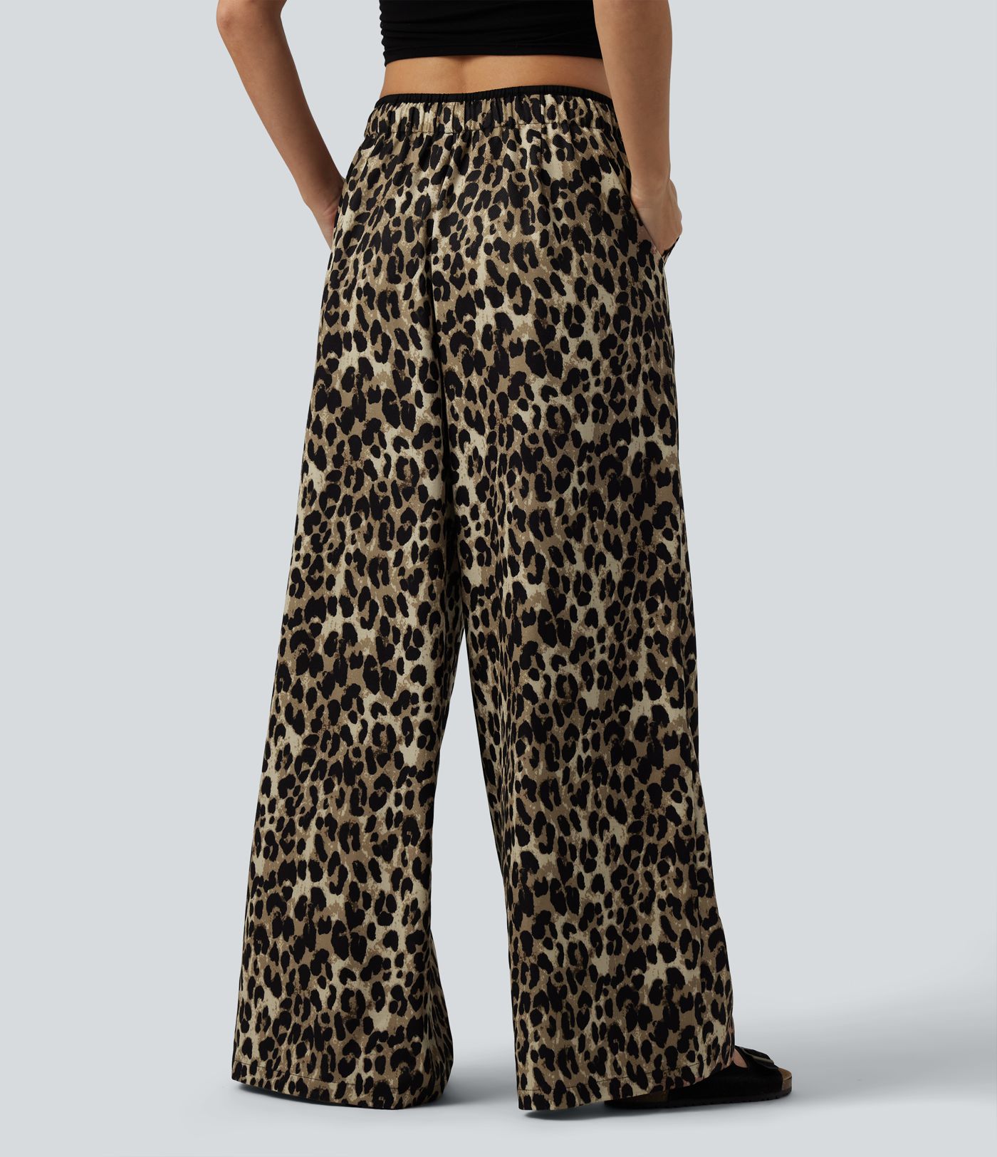 Low Rise Drawsting Wide Leg Leopard Print Casual Trousers with Pockets
