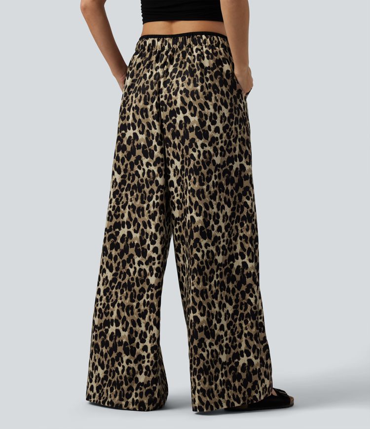 Low Rise Drawsting Wide Leg Leopard Print Casual Trousers with Pockets