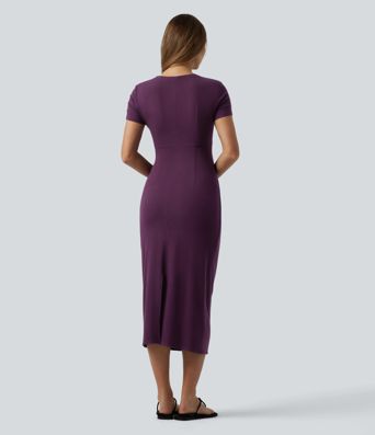 Round Neck Cut-out Short Sleeve Ruched Midi Casual Dress