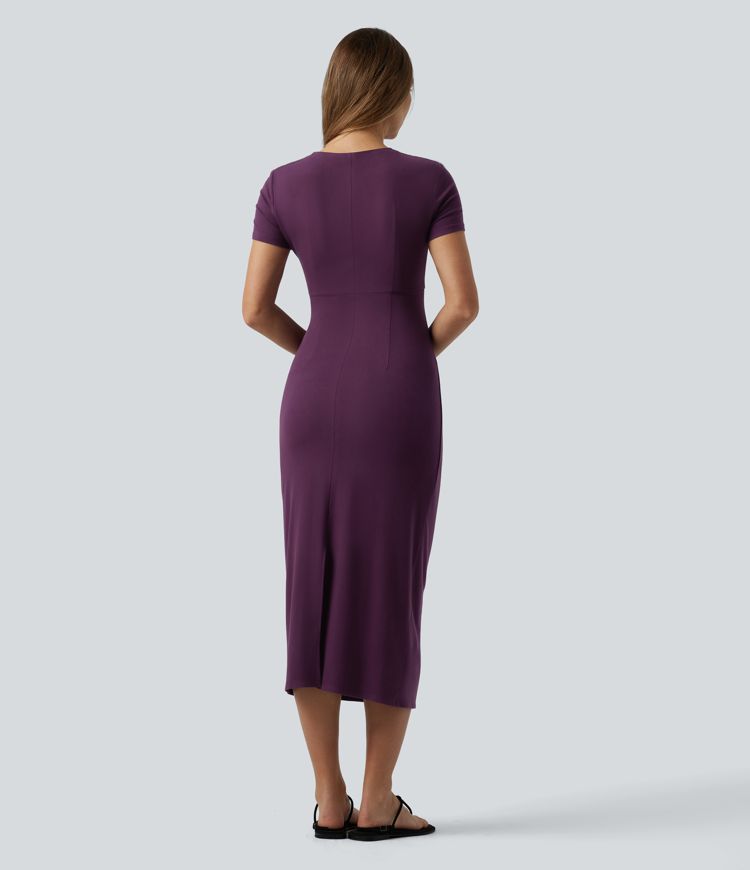 Round Neck Cut-out Short Sleeve Ruched Midi Casual Dress