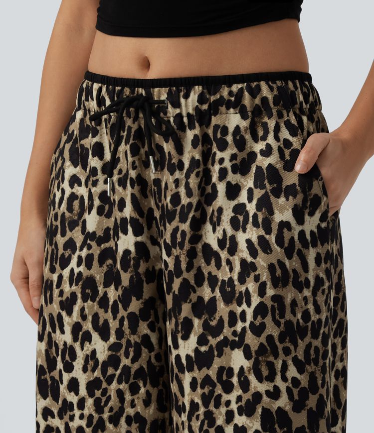 Low Rise Drawsting Wide Leg Leopard Print Casual Trousers with Pockets