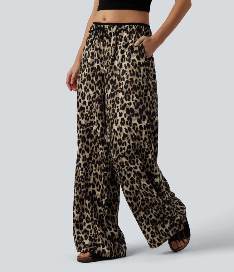 Low Rise Drawsting Wide Leg Leopard Print Casual Trousers with Pockets