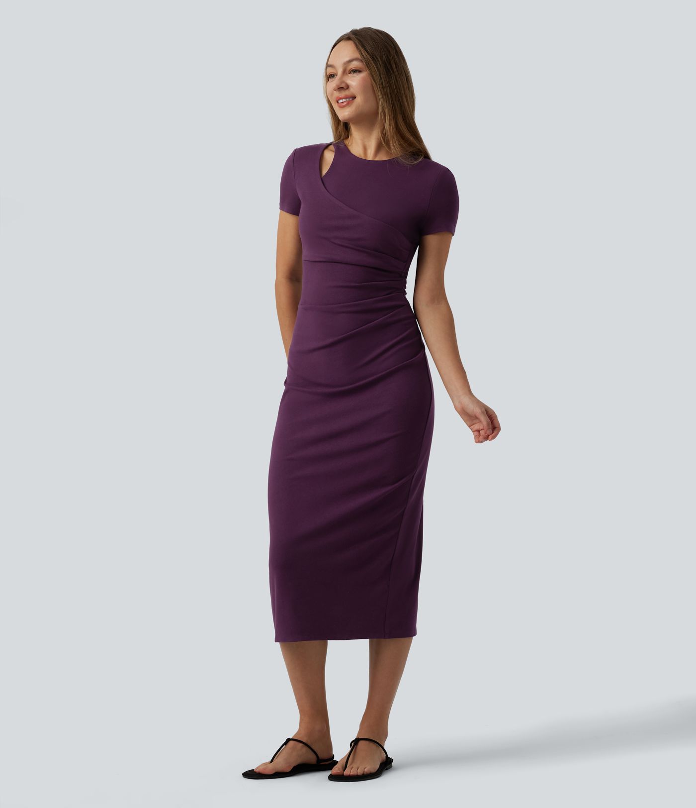 Round Neck Cut-out Short Sleeve Ruched Midi Casual Dress