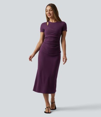 Round Neck Cut-out Short Sleeve Ruched Midi Casual Dress