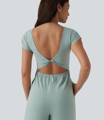 Twisted Backless Built-in Bra Casual Jumpsuit with Pockets-Easy Peezy