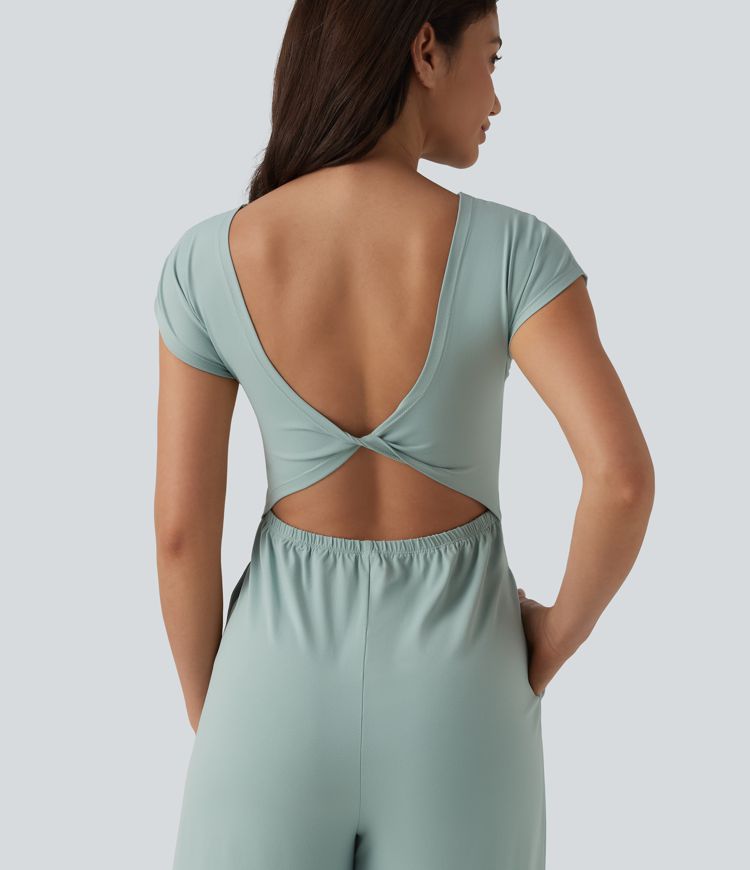 Twisted Backless Built-in Bra Casual Jumpsuit with Pockets-Easy Peezy
