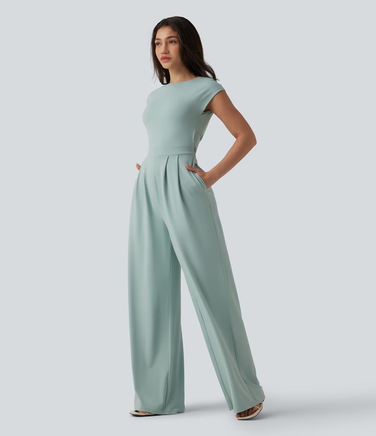 Twisted Backless Built-in Bra Casual Jumpsuit with Pockets-Easy Peezy