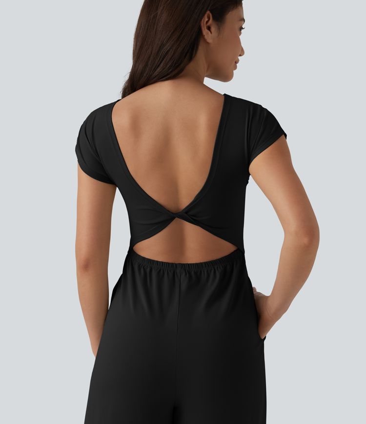 Twisted Backless Built-in Bra Casual Jumpsuit with Pockets-Easy Peezy
